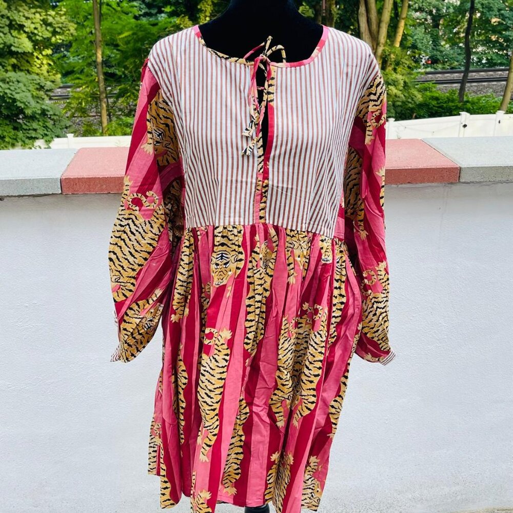 BRAND NEW Hand Block Tiger Print Mini Dress For Women Fall Christmas Dress